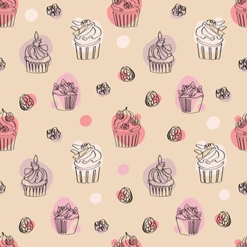 Seamless pattern with hand drawn doodle desserts. cupcakes, cake, muffins