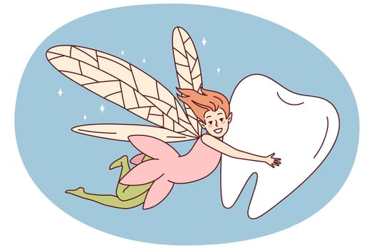 Smiling fairy flying with tooth