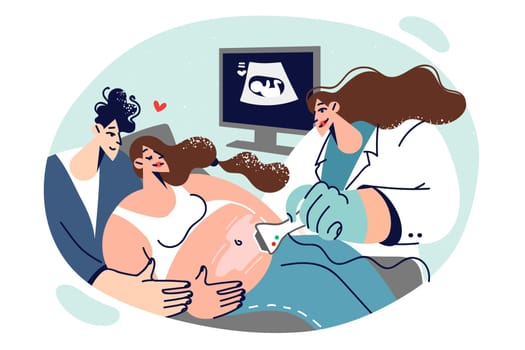 Pregnant woman undergoes ultrasound procedure in office of obstetrician, together with husband