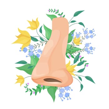Human nose with flowers, floral bouquet, plants and side view of nose with nostril