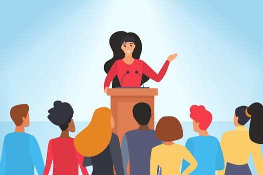 Confident speech of speaker in front of audience, young woman orator standing behind podium
