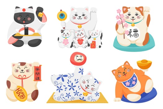 Maneki neko, Japanese lucky cats set, funny good luck and money Asian symbols characters
