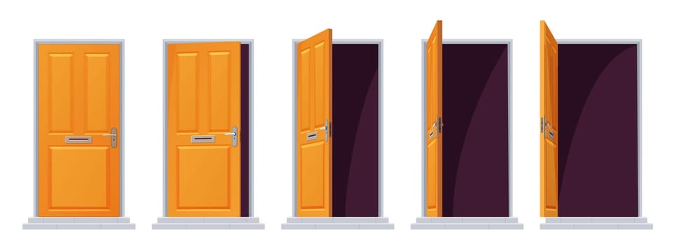 Door opening sequence, animation set, different positions of open, ajar and closed doors
