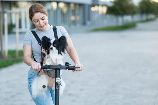A woman rides an electric scooter with a dog in a backpack. Pappilion Spaniel Continental in a sling.
