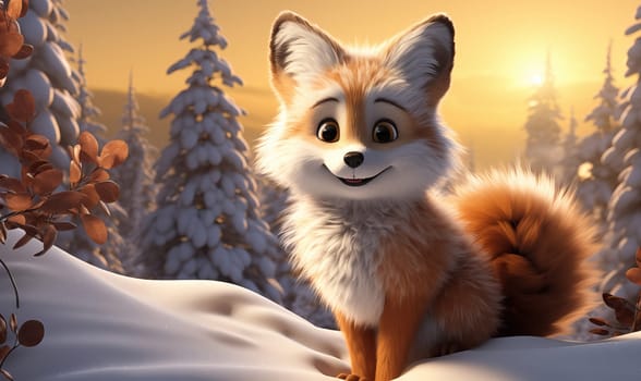 Cartoon animal fox in a winter landscape.