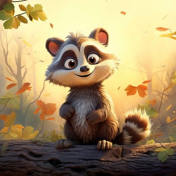Cartoon animal raccoon on autumn background.
