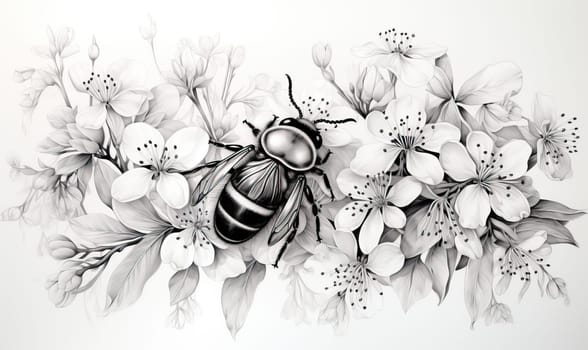 Black and white image of a bee on flowers.