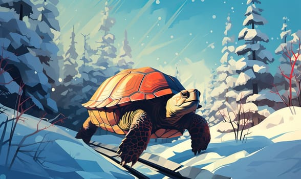 Cartoon animal turtle walks through the winter forest.