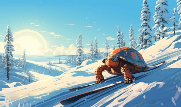 Cartoon animal turtle walks through the winter forest.