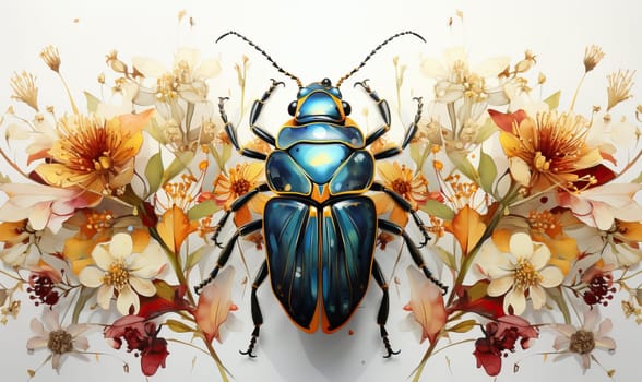 Colorful beetle on flowers on a white background.
