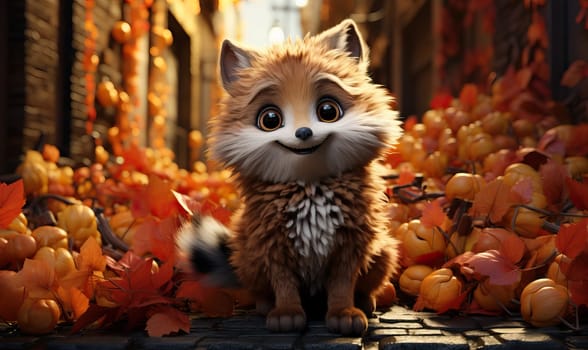 Cartoon animal fox on autumn background.