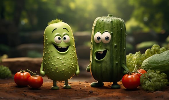 3D cartoon vegetables talking to each other.