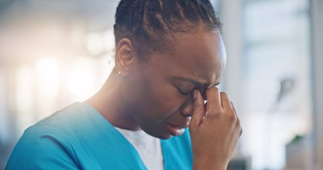 Black woman, nurse and crying, sad and mental health with depression, help and psychology with stress at work. Fatigue, healthcare and burnout with mistake, fail with reaction to news and overwhelmed