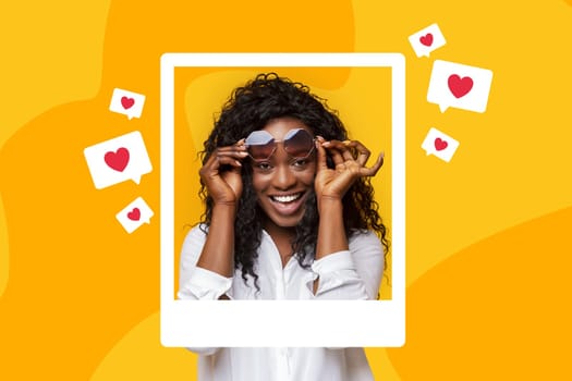 African woman within instant photo frame amid incoming likes, collage