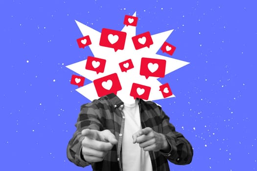 Guy with social media likes icons pointing fingers, conceptual collage