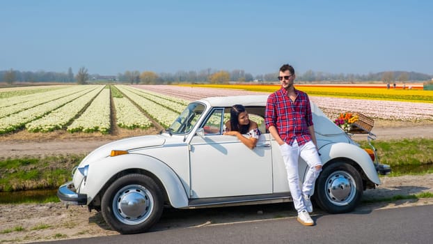 couple doing a road trip with an old vintage car in the Dutch flower bulb region with tulip fields