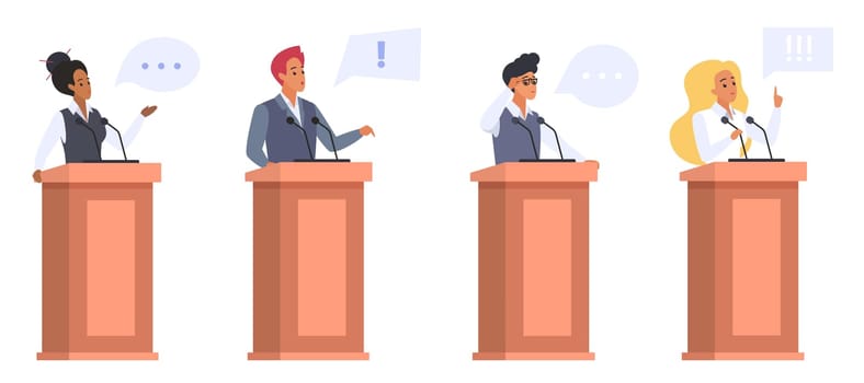 Speakers speaking behind podiums with microphones set, punctuation mark in speech bubble