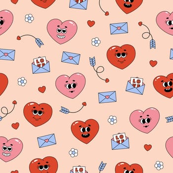Seamless pattern of groovy hearts, flowers and envelopes. Cartoon characters and elements in trendy retro style on pink background
