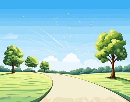 A vibrant landscape featuring a curved road through lush fields and dense woods under a blue sky, with a solitary tree and a peaceful park area