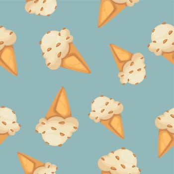 Ice cream cones with nut pieces, seamless pattern