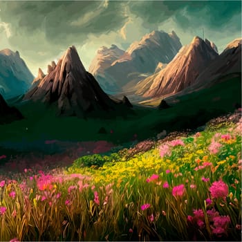 Spring landscape in village with green field and sunset, flat cartoon countryside with mountain and forest, blue sky, natural scene in countryside, sunny day summer.