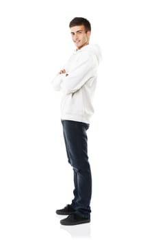 Portrait, man and smile with arms crossed in studio with casual fashion, jacket and jeans for style on white background. Happy young guy with confidence, good mood and positive attitude from Russia
