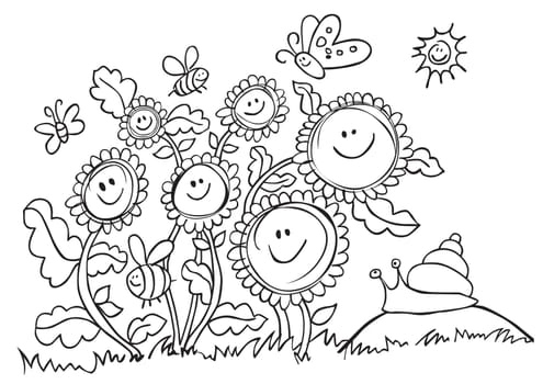 Vector black and white happy cartoon sunflowers and snail illustration. Suitable for greeting cards or colouring activity sheet.
