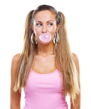 Model, blow and bubbles with chewing gum in studio, thinking and decision with contemplation by white background. Young woman, california and idea with bubblegum in trendy fashion and mock up space