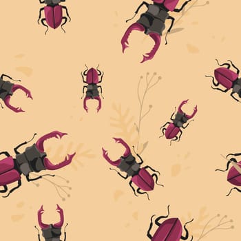 European stag beetle seamless pattern print vector