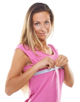 Chest, measure tape and woman in happy portrait, breast reduction and plastic surgery in studio mockup. Model, face and smile for bust health, boobs cosmetic and fitness results by white background