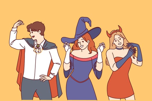People in halloween party costumes invite you to visit festive october festival or nightclub