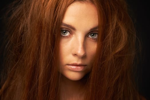 Hair care, portrait or woman with damage, fail or bad results for transformation or collagen in studio. Black background, face or serious model with cosmetics for treatment, messy texture or growth.