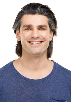 Portrait, man and smile with fashion, confidence and proud guy isolated on a white studio background. Face, person and model with tshirt, happiness and Canada with mockup space, healthy and wellness