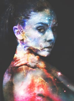 Woman, portrait and double exposure with galaxy, stars and fantasy for art, cosmos and shine by black background. Girl, outer space and color with universe, nebula or milky way with night sky on face.