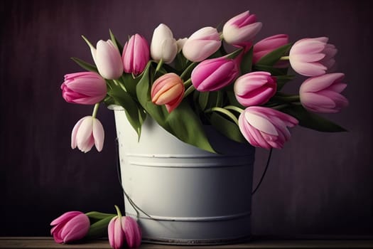 Bouquet of tulips in a metal bucket.