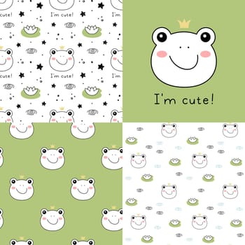 Set of Cute Hand drawn Little Frog patterns. Hand drawn Toad for baby clothes. Vector illustration in doodle style.