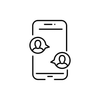 Online meetup outline icon. Two people in dialog discussion group. Distant work. Online business chat and meet up together using tablet or smartphones Editable stroke Design on white background.