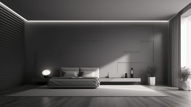 3D interior rendering of a grey bedroom.
