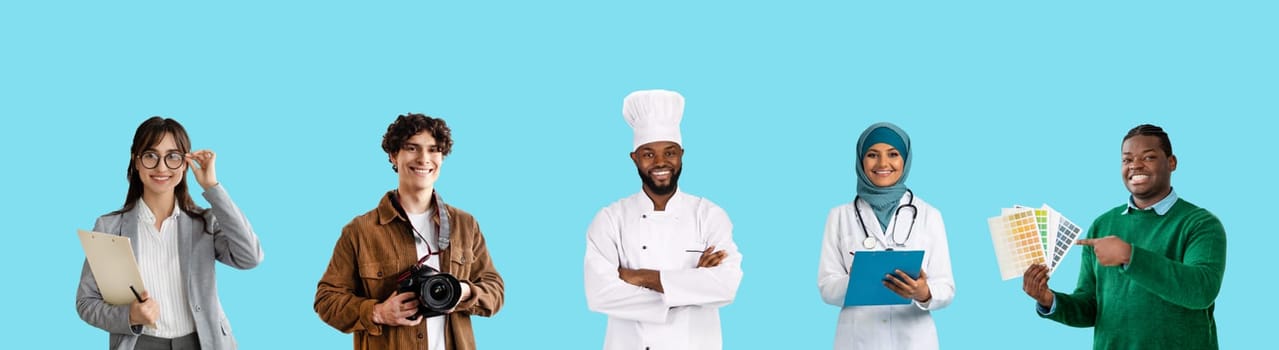Occupation Concept. Multiethnic People Of Different Professions Posing On Blue Background
