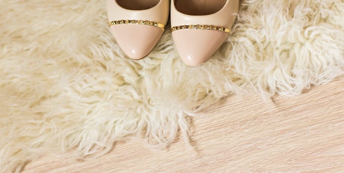 Beige female shoes. top view