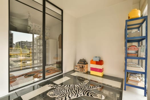 a room with a zebra laying on the floor
