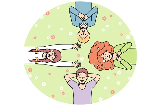 Guys, girls lie on grass among flowers in different directions, look at sky, laugh. Friends spend time at lawn. Top view. Hello spring, summer concept. Vector colorful outline illustration.