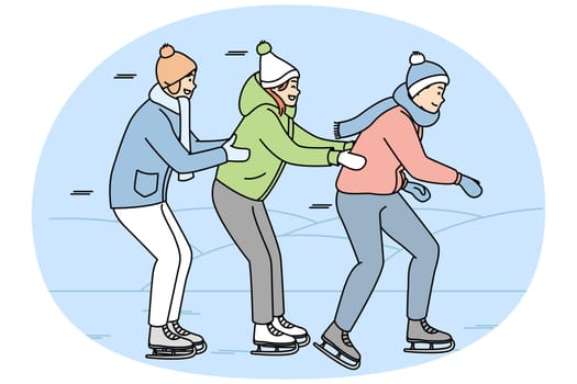 Girl, guys in warm clothes are skating outside.