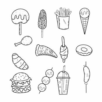 Street food. Fast food. Vector doodle illustration. Large set in style of hand drawn.