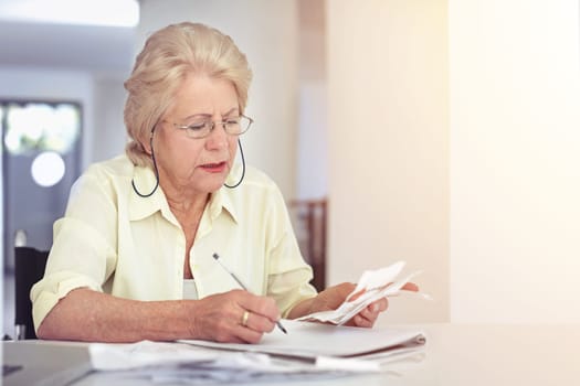 Senior woman, retirement or planning budget or tax paperwork, financial documents or receipt, investment or savings. Elderly person, confused or finance or debt, bills or pension management mockup