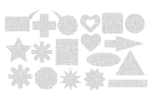 Set of geometric shapes made of grainy sandy texture. Abstract grainy noise template, grunge effect. Star, heart, arrow, square, oval, rectangle, triangle, circle, speech bubble. Vector illustration.