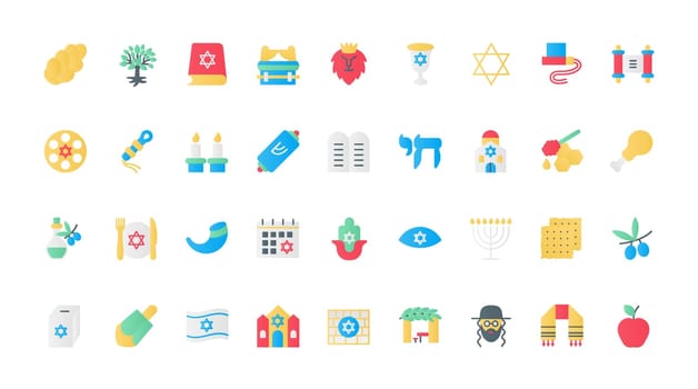 Judaism flat icons set, Israel religion symbols, Hanukkah and synagogue, rabbi.