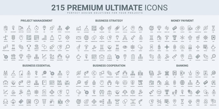 Business strategy, project management and organization thin black line icons set