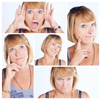 Her face couldnt lie if it wanted to. Composite shot of a woman making various facial expressions.
