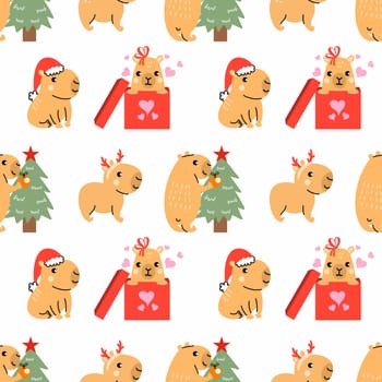Seamless pattern for printing on fabric and packaging paper. Cute capybara celebrates New Year and Christmas.